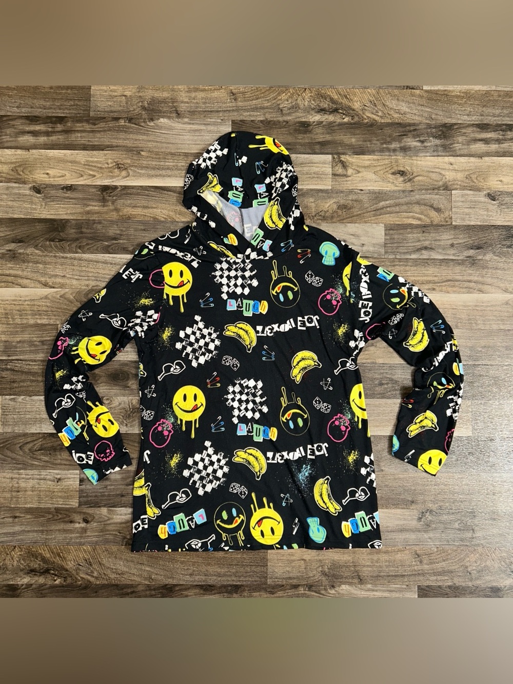 Joe Boxer Men’s Smiley Graphic Sueded Sleep Hoodie Black M NWT